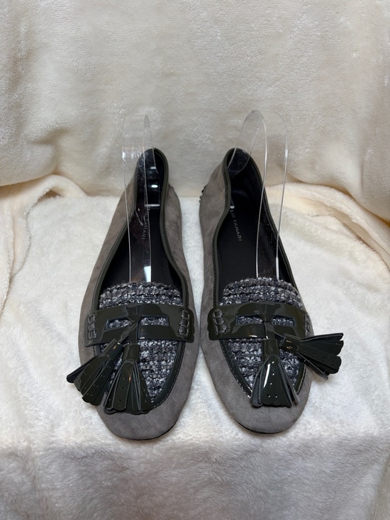 Elie Tahari Shoes - Elie Tahari Gray Suede Loafers with Tweed and Patent Tassels‎
